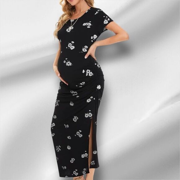 Smallshow Women's Short Sleeve Ruched Split Long Maternity Dress in the Size XXL - Picture 3 of 10